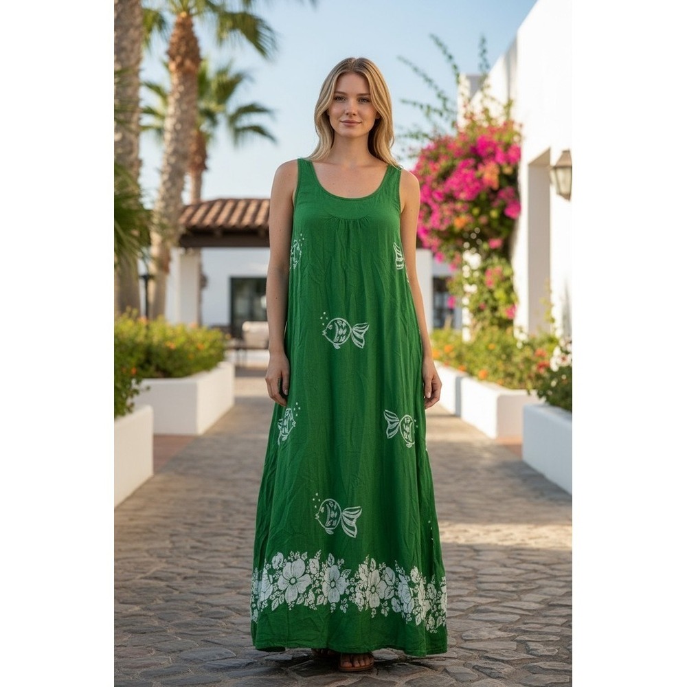 Desert Jems Dress Womens S Green Fish Print Floral Border Sleeveless Maxi resort